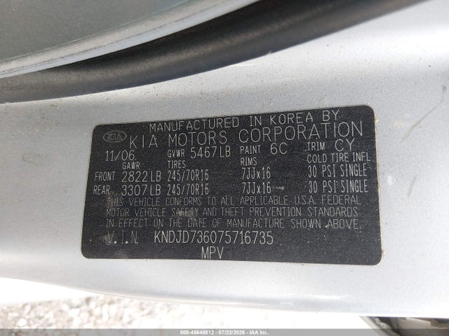 Продаж на аукціоні авто 2007 Kia Sorento, vin: KNDJD736075716735, номер лоту: 45648812