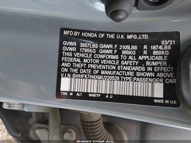Продажа на аукционе авто 2021 Honda Civic Sport, vin: SHHFK7H4XMU220529, номер лота: 45648816