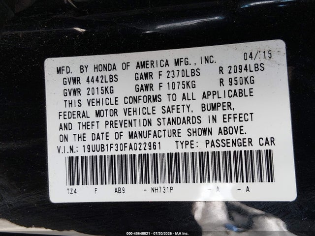 Acura TLX 2015 19UUB1F30FA022961 Image 9