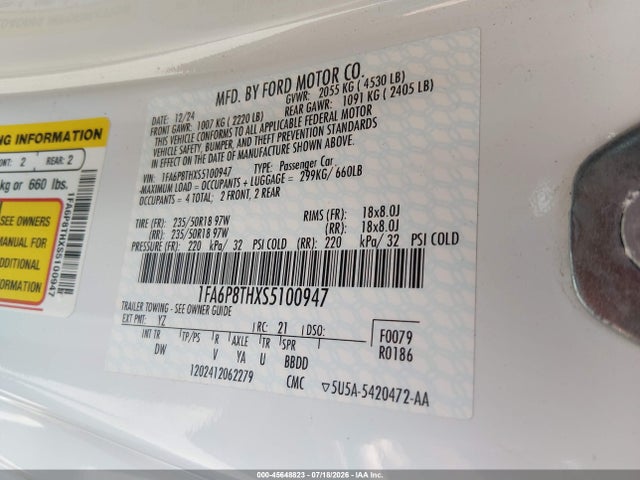 Aukcja sprzedaży 2025 Ford Mustang Ecoboost Fastback, vin: 1FA6P8THXS5100947, numer aukcji: 45648823