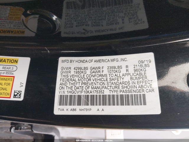 Продаж на аукціоні авто 2019 Honda Accord Lx, vin: 1HGCV1F10KA175352, номер лоту: 45648825