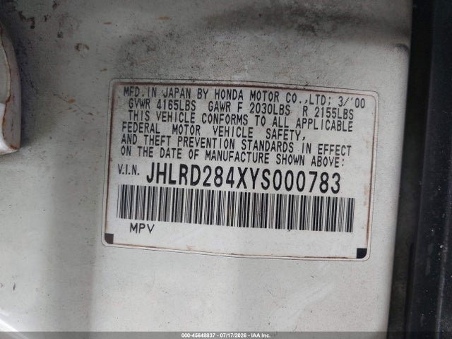 2000 Honda Cr-v Lx მანქანა იყიდება აუქციონზე, vin: JHLRD284XYS000783, აუქციონის ნომერი: 45648837