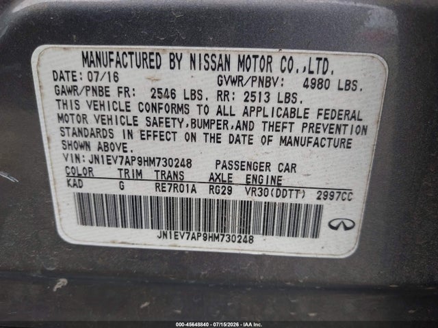 Продаж на аукціоні авто 2017 Infiniti Q50 3.0t Premium/3.0t Signature Edition/3.0t Sport, vin: JN1EV7AP9HM730248, номер лоту: 45648840