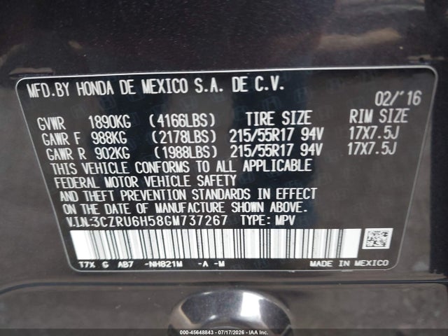 Aukcja sprzedaży 2016 Honda Hr-v Ex, vin: 3CZRU6H58GM737267, numer aukcji: 45648843