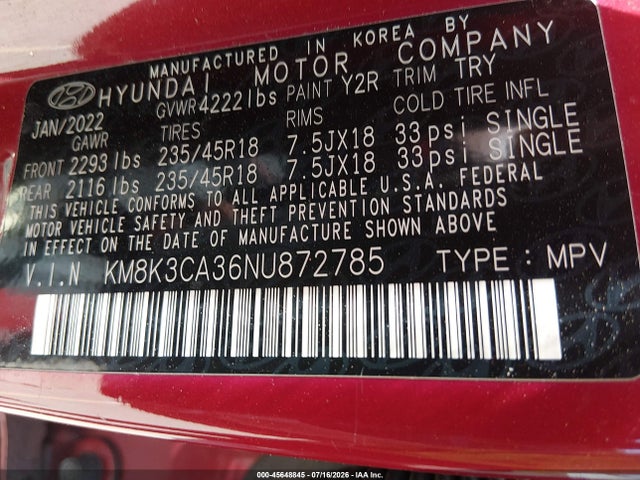 Aukcja sprzedaży 2022 Hyundai Kona N Line, vin: KM8K3CA36NU872785, numer aukcji: 45648845