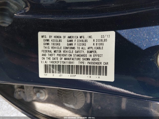 2013 Honda Accord Lx მანქანა იყიდება აუქციონზე, vin: 1HGCR2F37DA118841, აუქციონის ნომერი: 45648848