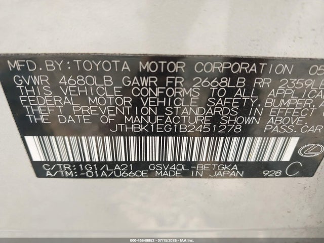 45648852 :رقم المزاد ، JTHBK1EG1B2451278 vin ، 2011 Lexus Es 350 مزاد بيع