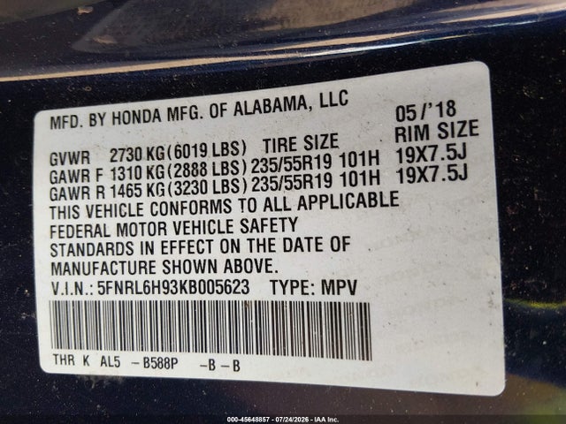 5FNRL6H93KB005623 Honda Odyssey Elite