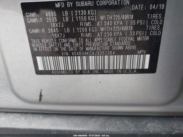 Продажа на аукционе авто 2018 Subaru Outback 2.5i Limited, vin: 4S4BSAKC4J3352364, номер лота: 45648865