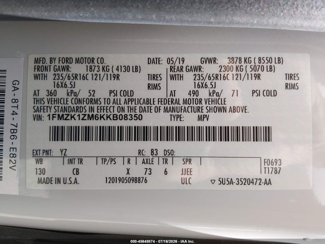 1FMZK1ZM6KKB08350 Ford Transit-150 Xl