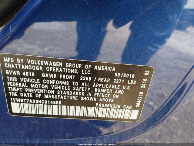 Aukcja sprzedaży 2017 Volkswagen Passat 1.8t Se, vin: 1VWBT7A33HC014855, numer aukcji: 45648884