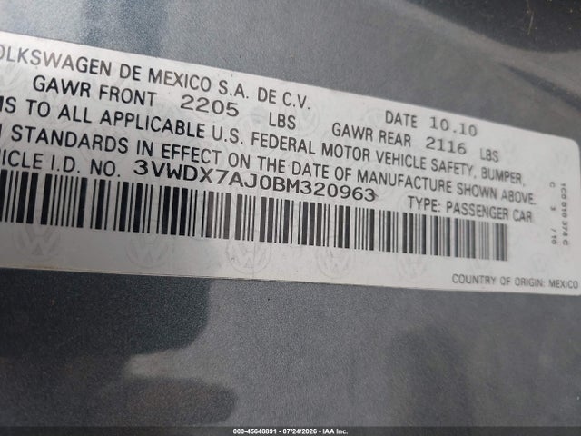 2011 Volkswagen Jetta 2.5l Se მანქანა იყიდება აუქციონზე, vin: 3VWDX7AJ0BM320963, აუქციონის ნომერი: 45648891