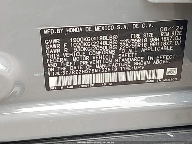 2025 Honda Hr-v Awd Sport მანქანა იყიდება აუქციონზე, vin: 3CZRZ2H57SM732578, აუქციონის ნომერი: 45648899