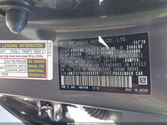 JHMZC5F16KC006820 Honda CLARITY PLUG-IN HYBRID