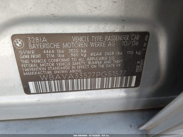 Aukcja sprzedaży 2007 Bmw 328i, vin: WBAVA33527PG51577, numer aukcji: 45648906