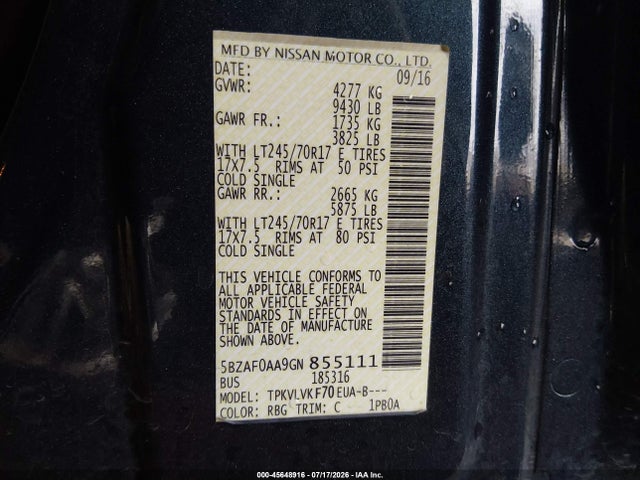 5BZAF0AA9GN855111 Nissan Nv Passenger Nv3500 Hd Sl V8