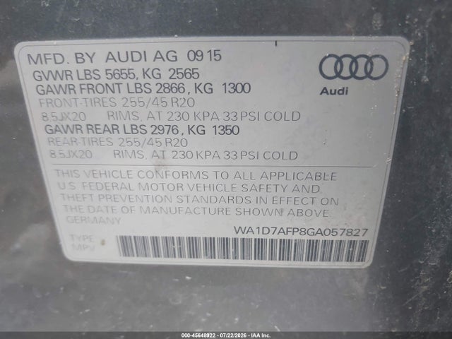 Aukcja sprzedaży 2016 Audi Q5 3.0t Premium Plus, vin: WA1D7AFP8GA057827, numer aukcji: 45648922