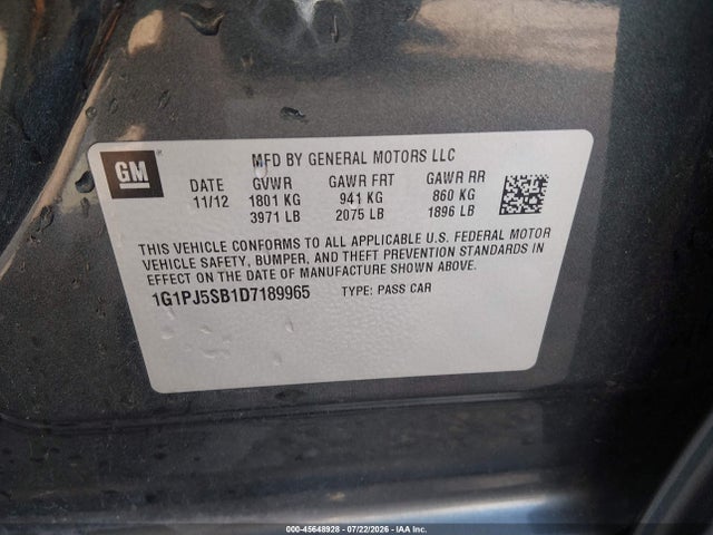 2013 Chevrolet Cruze Eco Manual მანქანა იყიდება აუქციონზე, vin: 1G1PJ5SB1D7189965, აუქციონის ნომერი: 45648928