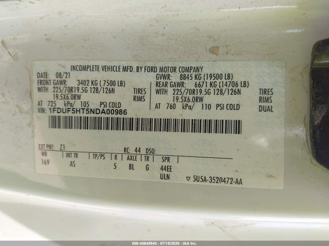Продаж на аукціоні авто 2022 Ford F-550 Chassis Xl, vin: 1FDUF5HT5NDA00986, номер лоту: 45648940