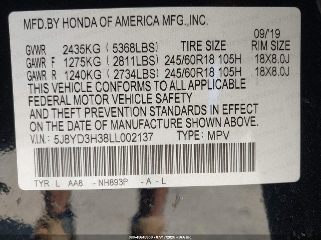 2020 Acura Mdx Standard მანქანა იყიდება აუქციონზე, vin: 5J8YD3H38LL002137, აუქციონის ნომერი: 45648950