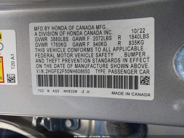 2022 Honda Civic Sport მანქანა იყიდება აუქციონზე, vin: 2HGFE2F50NH608650, აუქციონის ნომერი: 45648957