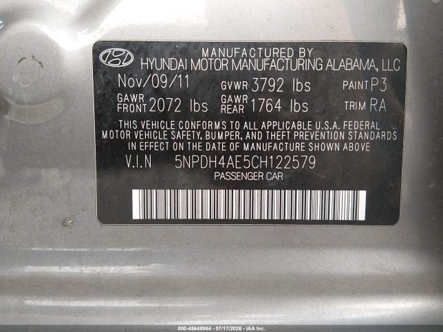 Aukcja sprzedaży 2012 Hyundai Elantra Gls, vin: 5NPDH4AE5CH122579, numer aukcji: 45648964