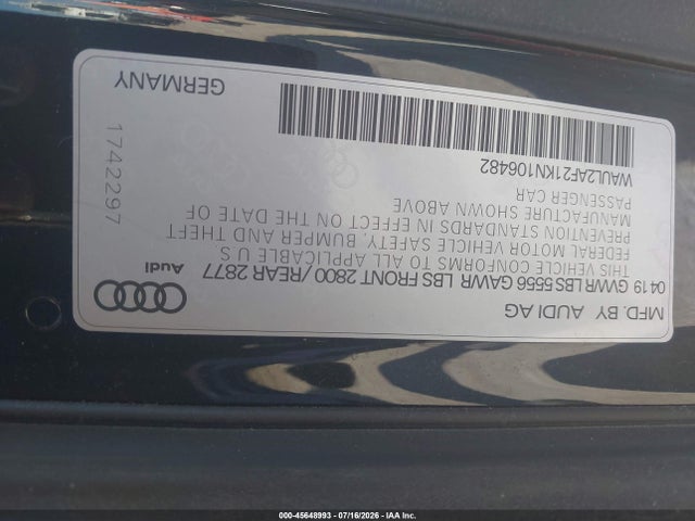 45648993 :رقم المزاد ، WAUL2AF21KN106482 vin ، 2019 Audi A6 55 Premium مزاد بيع