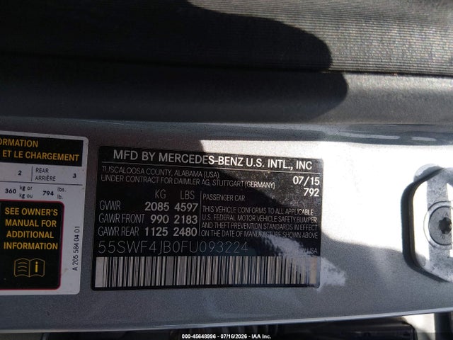 Продажа на аукционе авто 2015 Mercedes-benz C 300, vin: 55SWF4JB0FU093224, номер лота: 45648996