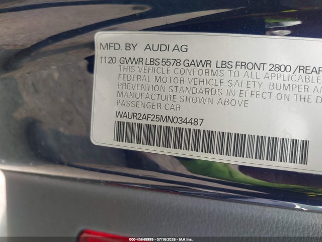 45648999 :رقم المزاد ، WAUR2AF25MN034487 vin ، 2021 Audi A7 Sportback Premium Plus 55 Tfsi Quattro S Tronic مزاد بيع