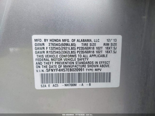 Продаж на аукціоні авто 2014 Honda Pilot Ex-l, vin: 5FNYF4H57EB020991, номер лоту: 45649008