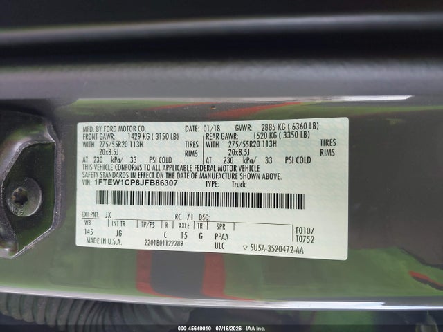 1FTEW1CP8JFB86307 Ford F-150 Lariat/xl/xlt