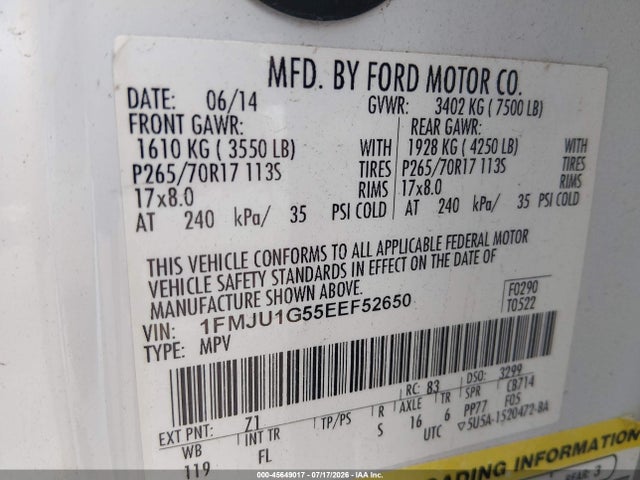Продаж на аукціоні авто 2014 Ford Expedition Xl, vin: 1FMJU1G55EEF52650, номер лоту: 45649017