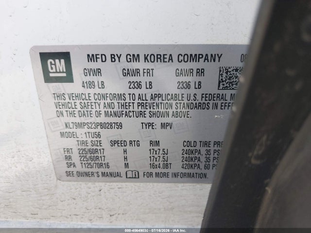 KL79MPS23PB028759 Chevrolet Trailblazer Fwd Lt
