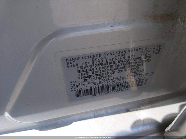 45649042 :رقم المزاد ، 3N1AB7AP7KY209170 vin ، 2019 Nissan Sentra S مزاد بيع