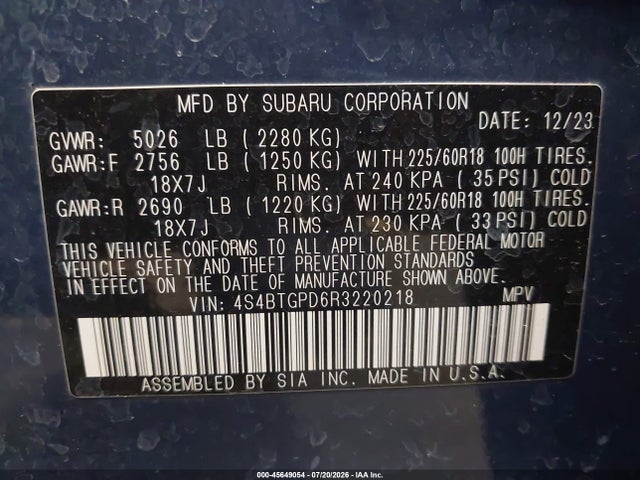 45649054 :رقم المزاد ، 4S4BTGPD6R3220218 vin ، 2024 Subaru Outback Touring Xt مزاد بيع