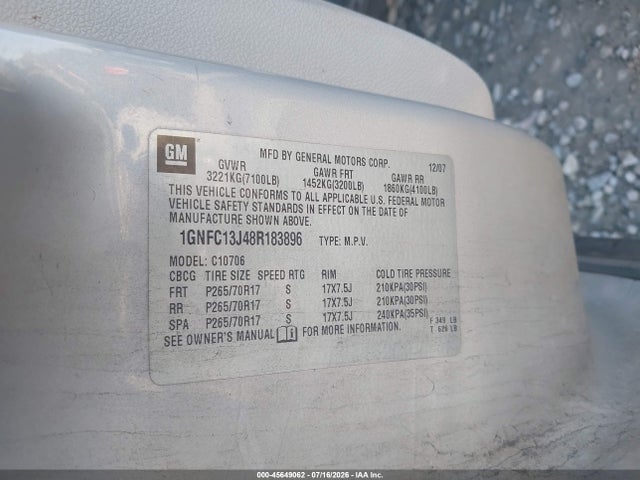 45649062 :رقم المزاد ، 1GNFC13J48R183896 vin ، 2008 Chevrolet Tahoe Lt مزاد بيع