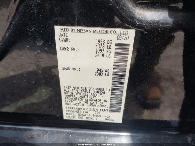 Продаж на аукціоні авто 2020 Nissan Altima S Fwd, vin: 1N4BL4BV3LC284104, номер лоту: 45649085