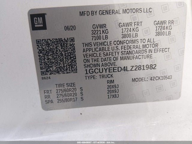 45649087 :رقم المزاد ، 1GCUYEED4LZ281982 vin ، 2020 Chevrolet Silverado 1500 4wd  Short Bed Rst مزاد بيع