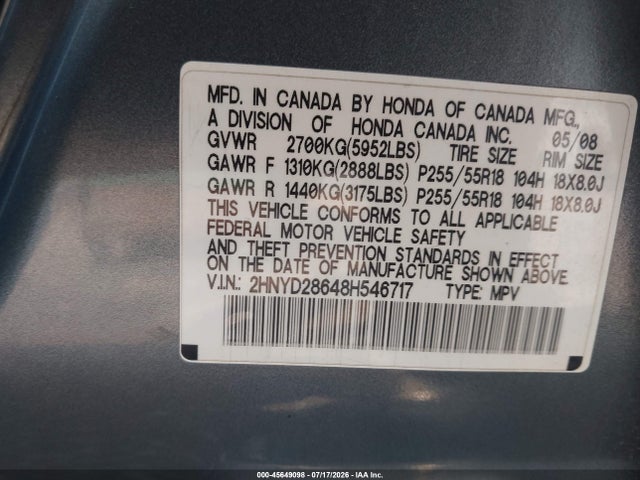 Aukcja sprzedaży 2008 Acura Mdx Technology Package, vin: 2HNYD28648H546717, numer aukcji: 45649098