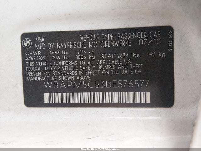 45649100 :رقم المزاد ، WBAPM5C53BE576577 vin ، 2011 Bmw 335i مزاد بيع