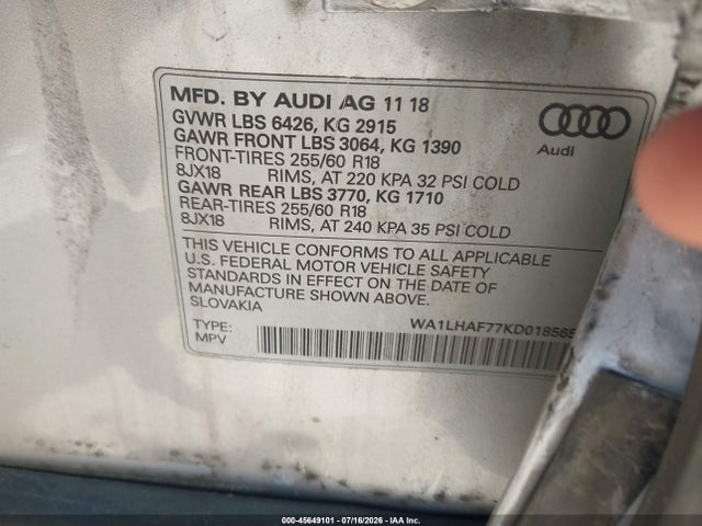 45649101 :رقم المزاد ، WA1LHAF77KD018565 vin ، 2019 Audi Q7 45 Premium/45 Se Premium مزاد بيع