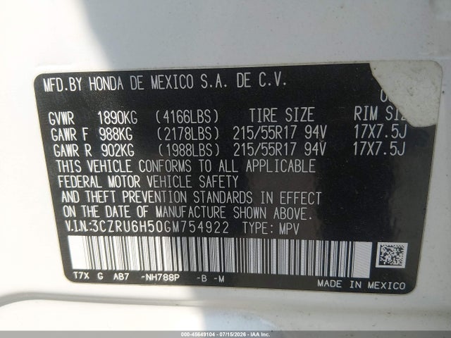 Honda HR-V EX 2016 3CZRU6H50GM754922 Image 9