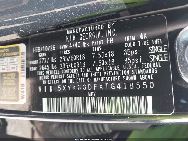 Продажа на аукционе авто 2026 Kia Sportage Ex, vin: 5XYK33DFXTG418550, номер лота: 45649110