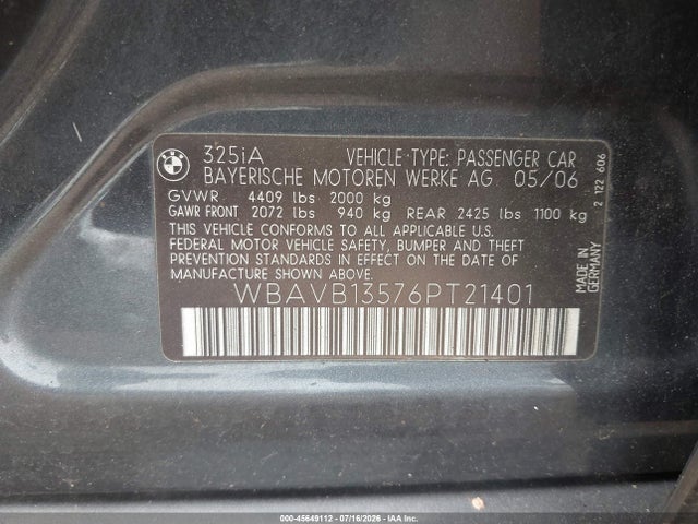 Aukcja sprzedaży 2006 Bmw 325i, vin: WBAVB13576PT21401, numer aukcji: 45649112
