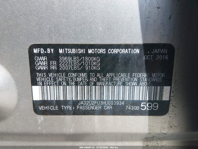 Aukcja sprzedaży 2017 Mitsubishi Lancer Es, vin: JA32U2FU3HU003934, numer aukcji: 45649118