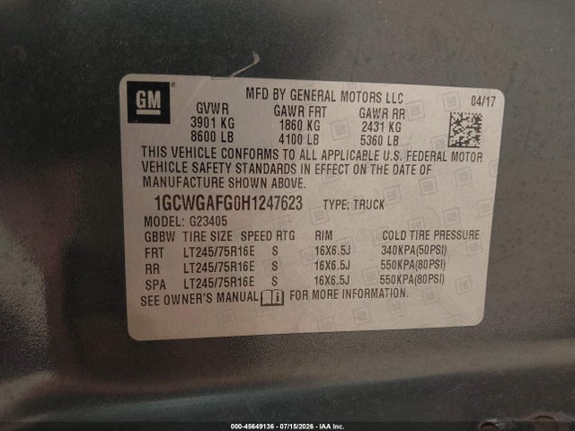 Chevrolet Express 2500 Work Van 2017 1GCWGAFG0H1247623 Image 9