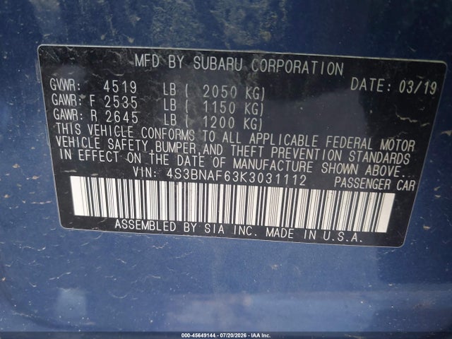 Продаж на аукціоні авто 2019 Subaru Legacy 2.5i Premium, vin: 4S3BNAF63K3031112, номер лоту: 45649144
