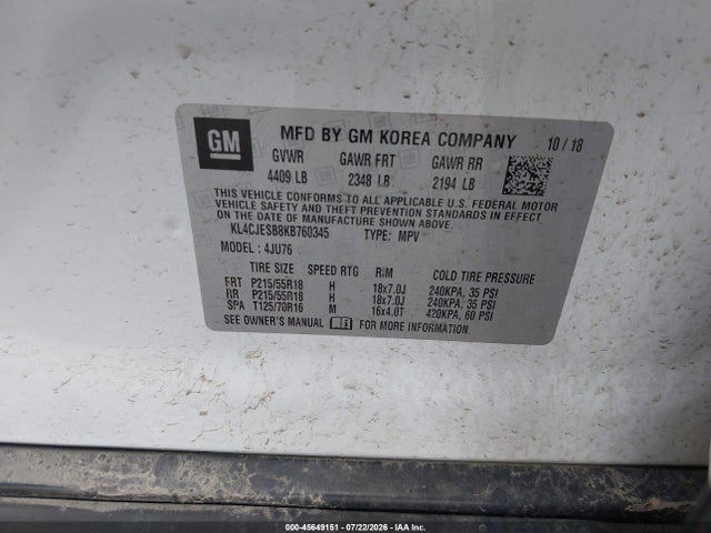 45649151 :رقم المزاد ، KL4CJESB8KB760345 vin ، 2019 Buick Encore Awd Preferred مزاد بيع