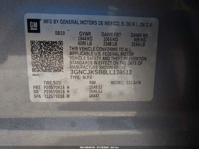 Aukcja sprzedaży 2020 Chevrolet Trax Fwd Ls, vin: 3GNCJKSB0LL138513, numer aukcji: 45649155