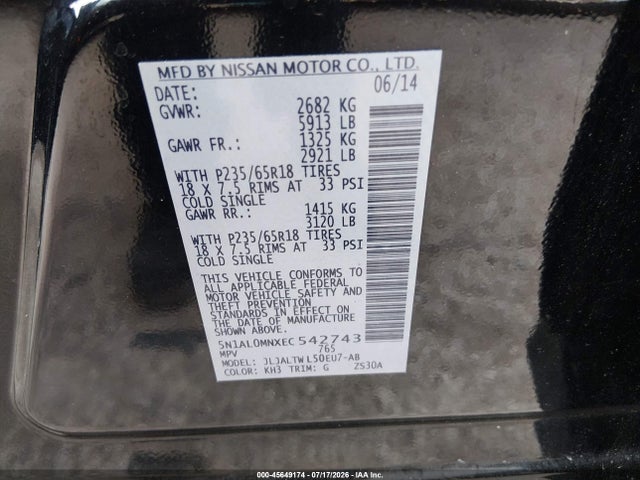 Aukcja sprzedaży 2014 Infiniti Qx60, vin: 5N1AL0MNXEC542743, numer aukcji: 45649174